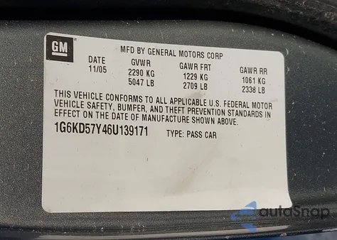 2006 Cadillac Dts Standard из США, поврежденный, VIN 1G6KD57Y46U139171